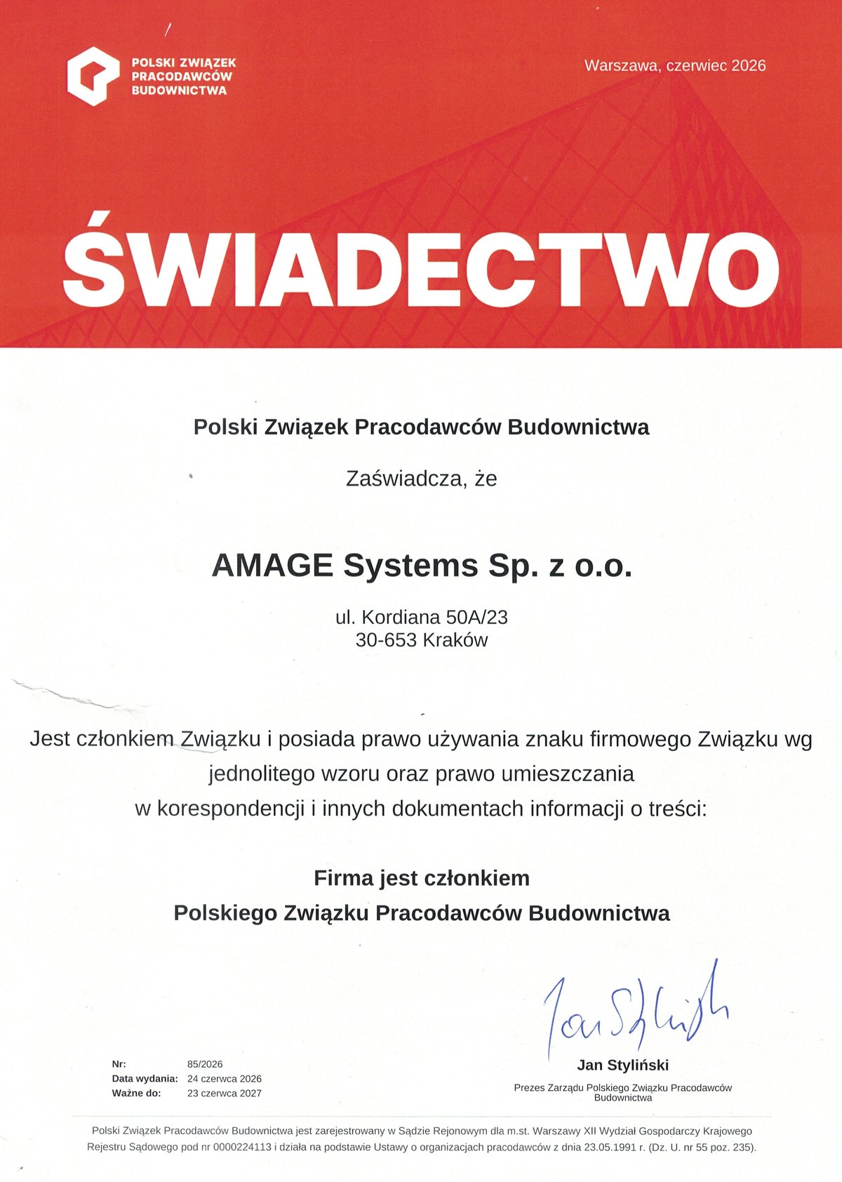 Świadectwo członkostwa PZPB